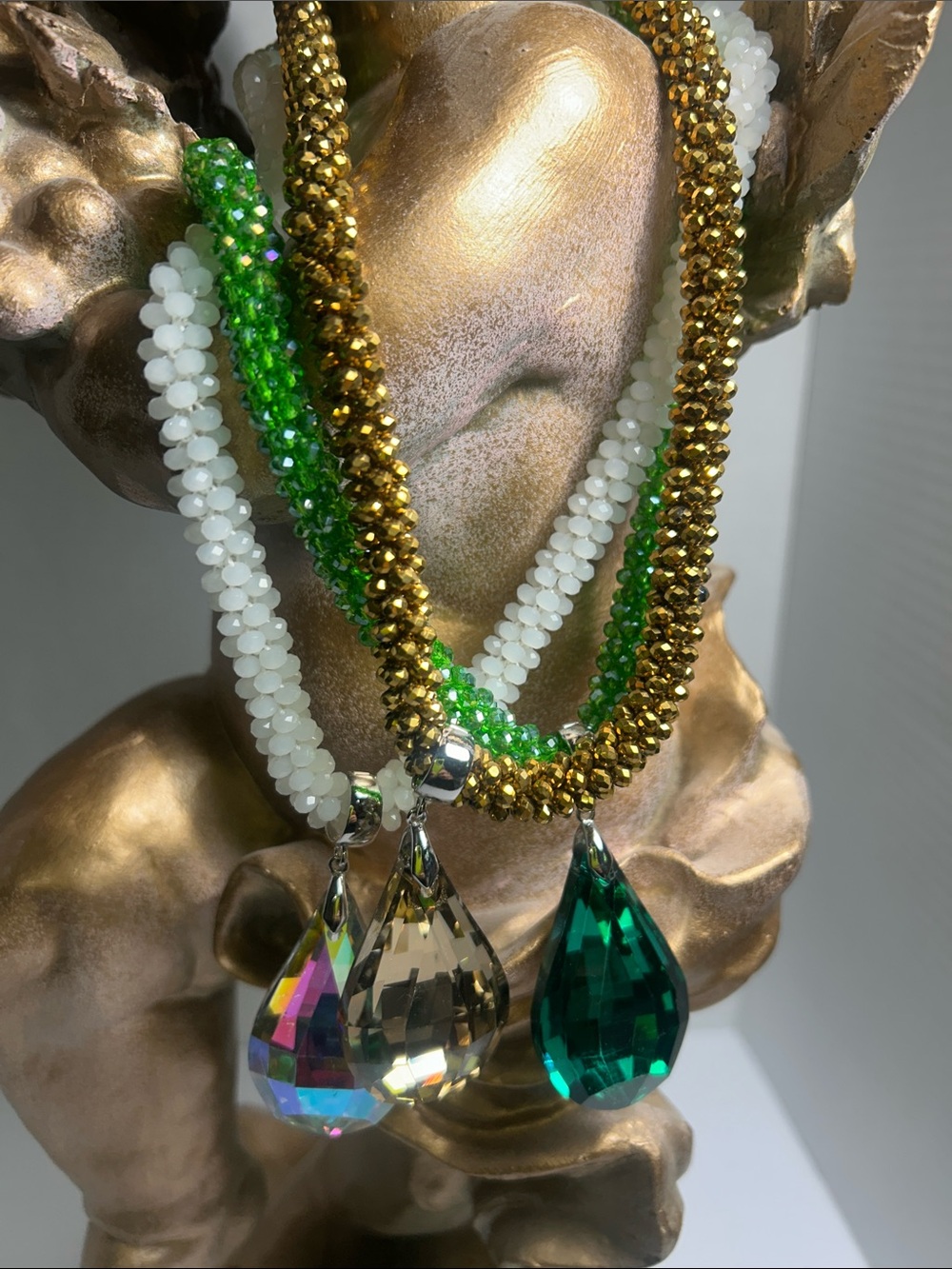 Gold, Green & White Crystal Teardrop Necklace - Women Jewelry